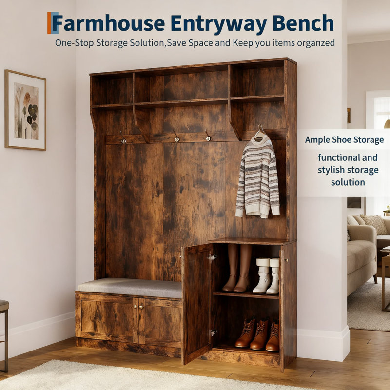 Arbre d'entrée 5 en 1 avec banc, organisateur de rangement de vestibule moderne avec portemanteau, armoires à chaussures et tablettes pour le salon, le vestibule ou le vestibule
