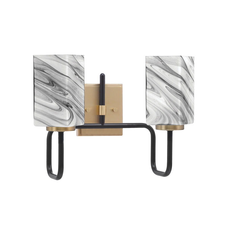 Barre d'éclairage de salle de bain 2 lumières Amarmula, noir mat et laiton vieilli, verre onyx carré de 3,5 po, Noir/laiton