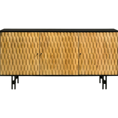 Armoire d'appoint en bois de manguier naturel à 3 portes avec tablettes réglables, plateau noir pour un attrait moderne, armoire de 64 pouces de largeur, décoration de carreaux de finition 3D, décorations en fer