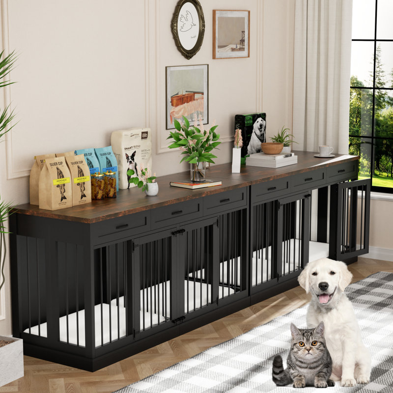 NEBZHASK 63'' Large Double Dog Crate Kennel Furniture with Divider and 3 Drawers for 2 Medium Animals Indoor, Black