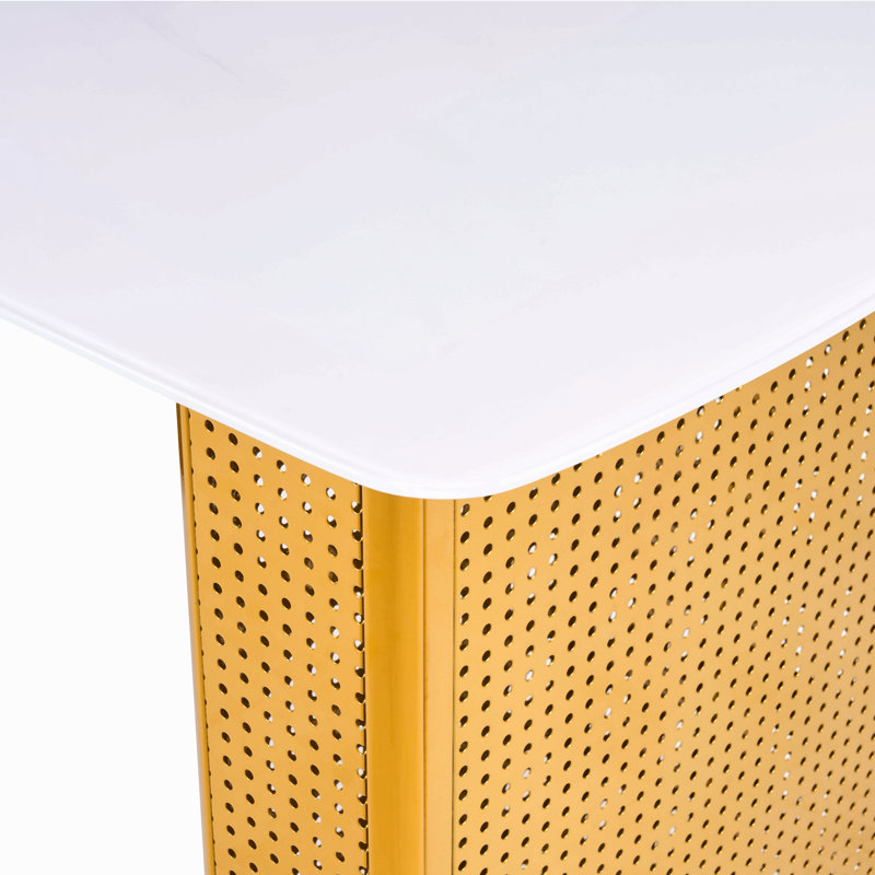 Table de salle à manger rectangulaire moderne en verre trempé, à motif de marbre avec base en métal à double piédestal, idéale pour la salle à manger et le bureau personnel