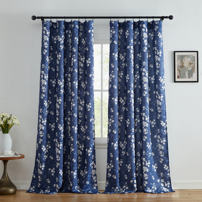 Lyllyan Floral Rod Pocket Window Curtains for Bedroom, 2 Panels, Navy Blue, 52" W x 96" L