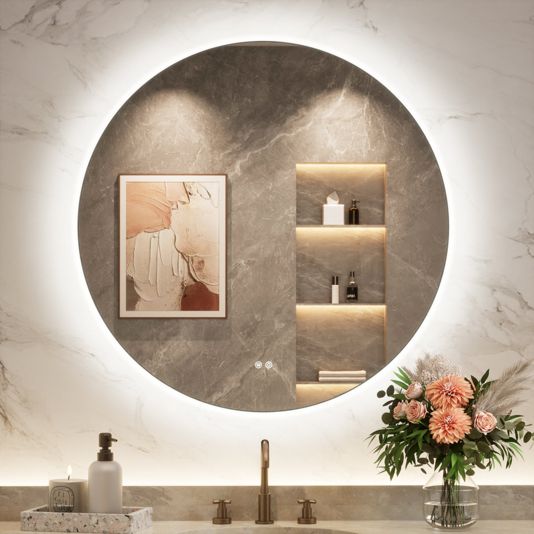 Adorna  Round Frameless Backlit Mirror, LED Bathroom Mirror with Dimmable Brightness, Anti-fog Function, 50000h Lifetime, Shatterproof Film Orren Ellis 