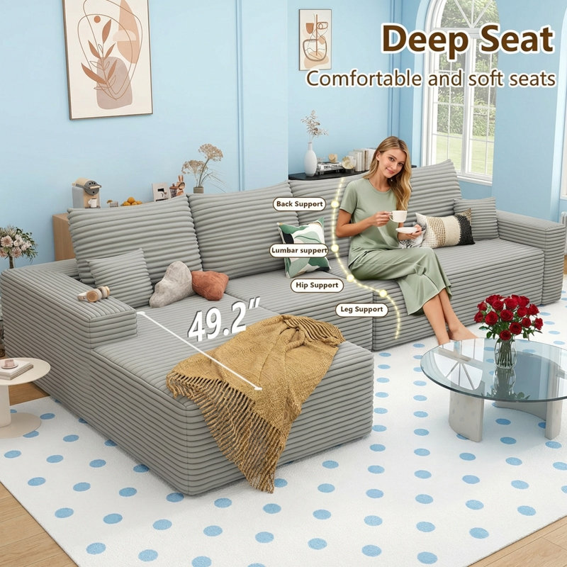 Canapé modulaire en forme de L de 135 po pour salon, canapé modulaire à assise profonde, ensemble de fauteuils en velours côtelé avec mousse à mémoire de forme moelleuse pour le salon, aucun assemblage requis