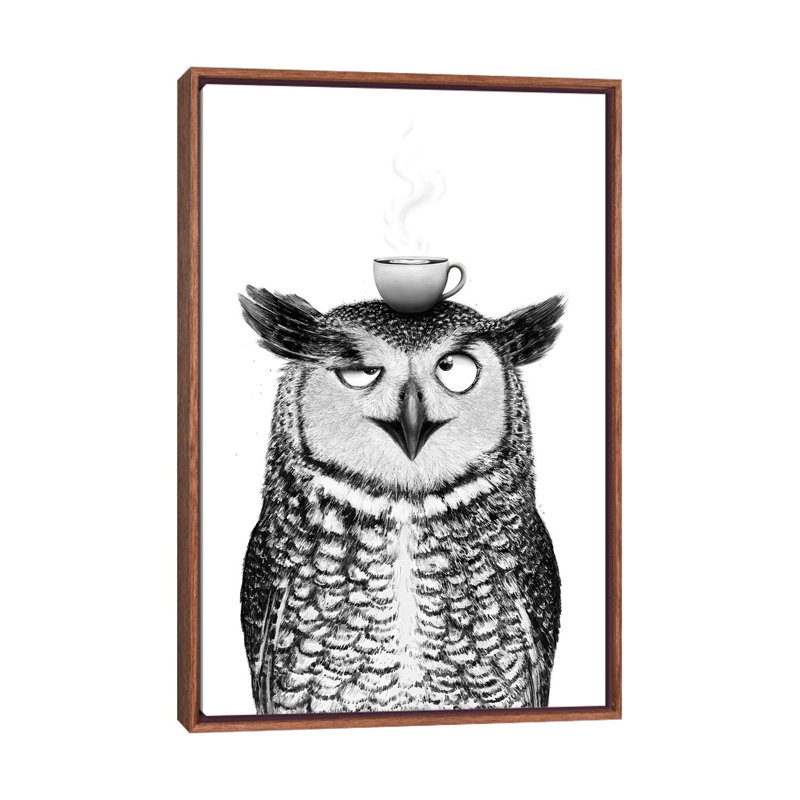 Hibou avec cappuccino - reproduction d'art murale - toile encadrée, 48 po x 32 po, Framed Canvas, Brun