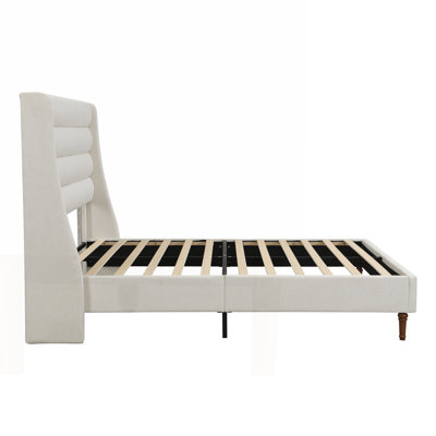 Structure de lit grand format avec tête de lit haute en forme de vague, tissu chenille de qualité supérieure, design minimaliste moderne, aucun sommier tapissier requis, assemblage facile