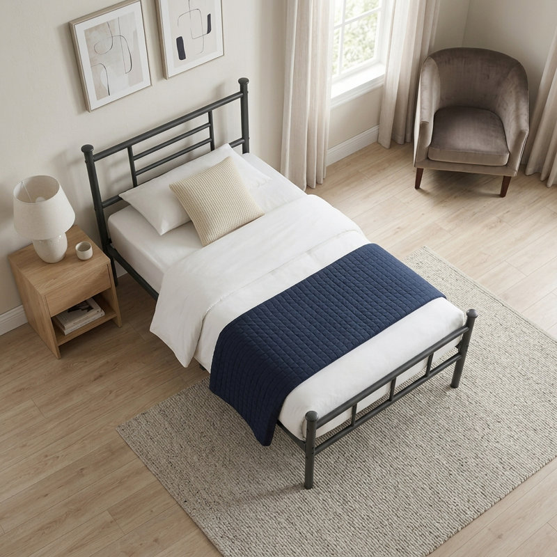 14'' Twin Bed Frame With Headboard, Metal Platform Bed With Heavy Duty Strong Support Slats, No Box Spring Needed And Easy Assembly, Black