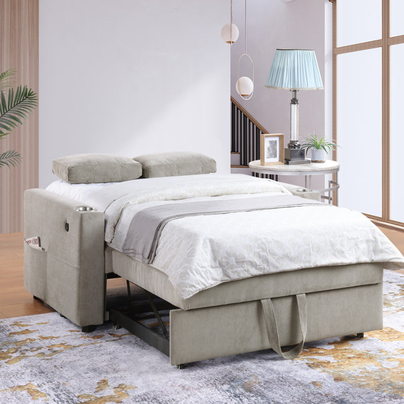 Causeuse-lit convertible 57 po en Corduroy avec porte-gobelets, ports USB, poches pour magazines, coussins, capitonnage, Gris
