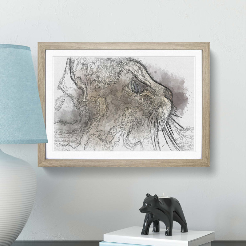 Curious Cat in Abstract - Picture Frame Graphic Art Print, Oak Framed, 27cm H x 36cm W x 2cm D