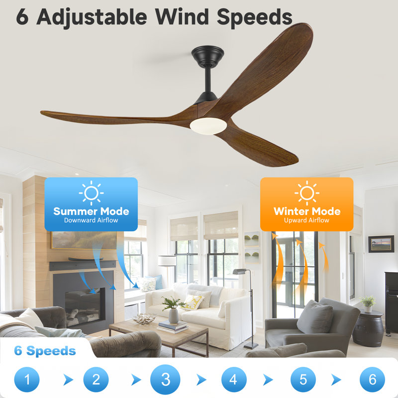 Ventilateur de plafond en bois massif à 3 pales avec lumière, ventilateur de ferme moderne, application intelligente et télécommande, moteur CC réversible silencieux, 6 vitesses, lumière DEL à intensité variable