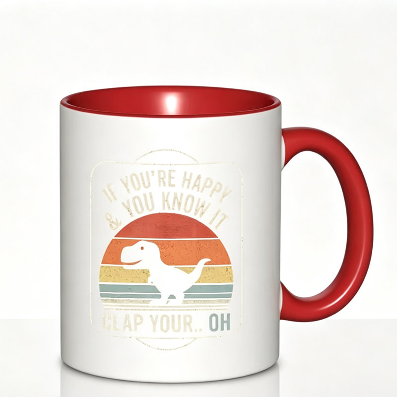 A Single Happy Dinosaur Design Logo Ceramic Mug, Perfect for Coffee, Tea, Or Milk.