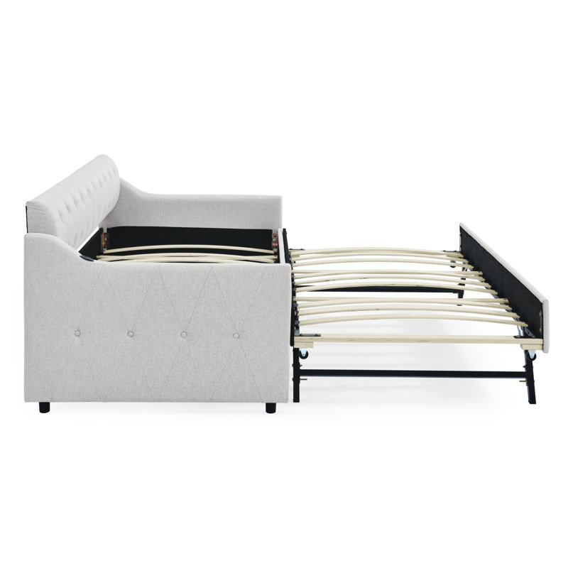 Twin Size Upholstery Daybed With Twin Size Erectable Trundle And USB Charging Design, Linen Beige, Beige