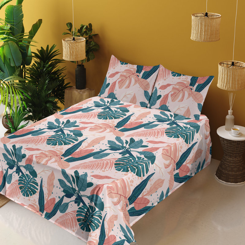 Ambesonne Watercolor Botany Sheet Set 4 Pcs Retro Boho Bloom, King Sheet Set with 2 Pillowcases, Coral Dark Teal Peach Floral