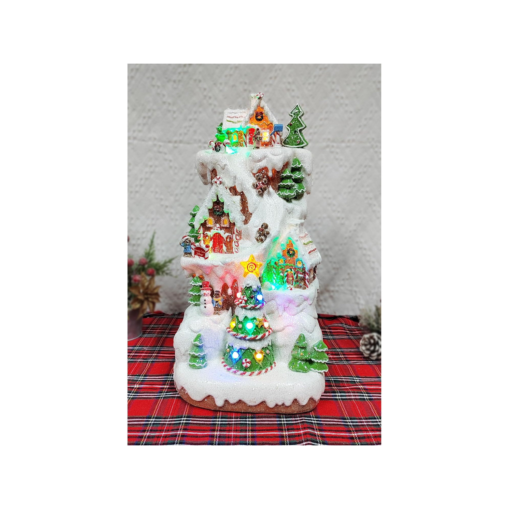 15.75" Gingerbread Village Multi-Tiered Mountain - LED Lights, 8 Music, Battery - Hand-Painted Resin