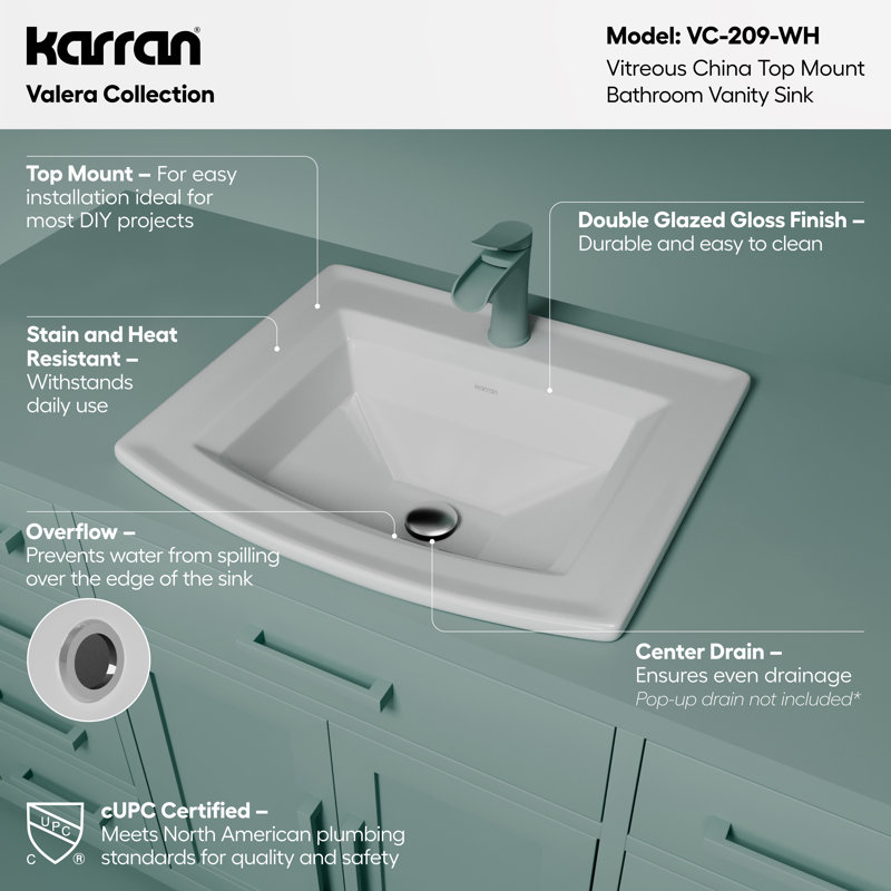 Karran Valera 23" Curved Rectangular Top Mount Vitreous China Bathroom Sink in White