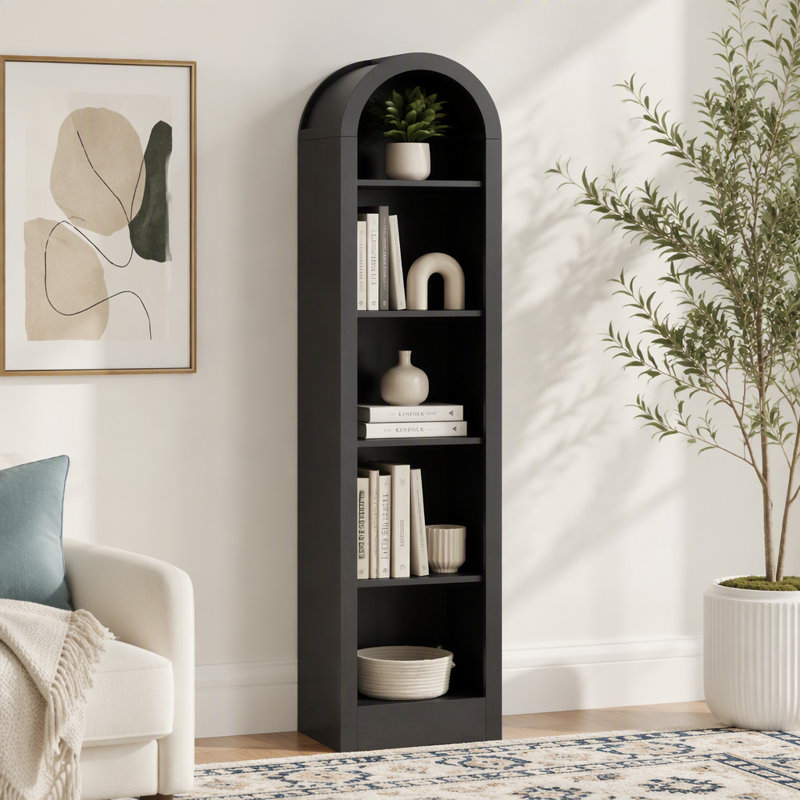 Bibliothèque de rangement cintrée à 5 niveaux, petite hauteur 67 po, Black
