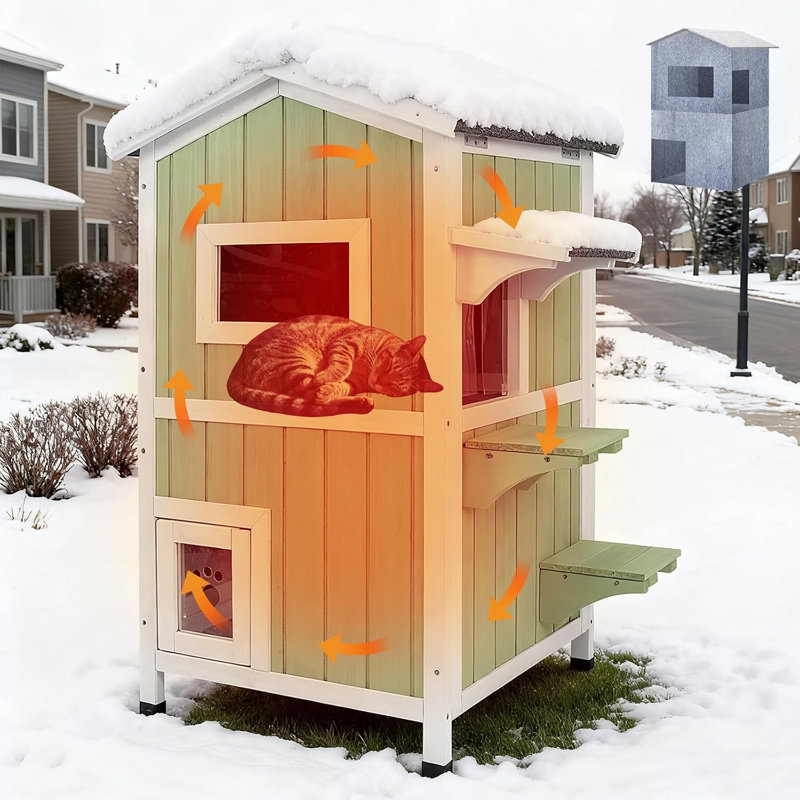 Insulated Outdoor Cat House, Weatherproof 2-Story Feral Shelter with Escape Doors, Green