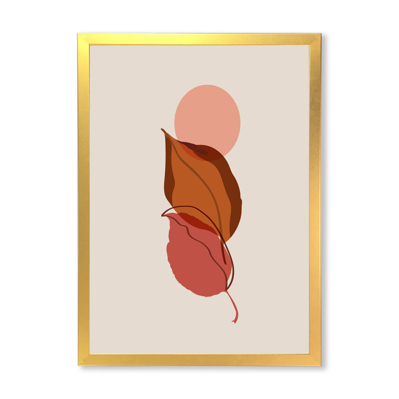 Deux feuilles d'automne tombant sous une pleine lune rouge - peinture sur toile, Encadrement doré, H 32 po x l 16 po x P 1 po