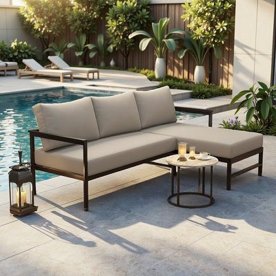Outdoor L-Shaped Sectional Sofa with Iron Frame, Patio Sofa Set with 5.9" Ultra-Thick Cushions, Weather-Resistant, Comfortable Seating for 3, for Patio, Garden, Balcony
