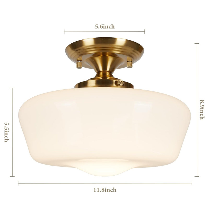 Plafonnier semi-encastré de style école, lampe de plafond de couloir moderne de 12 po avec abat-jour en verre de lait opale, globe de cuisine pour chambre à coucher, couloir, entrée, buanderie
