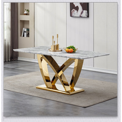 70" Faux Marble Dining Table with Stainless Steel Base – Modern Rectangular Table for 6-8 People, Mirrored Finish (Table Only)
