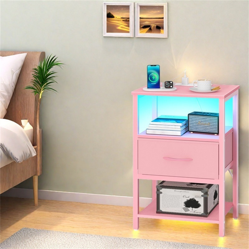 Modern LED Nightstand With Charging Station & Adjustable Fabric Drawer, Pink