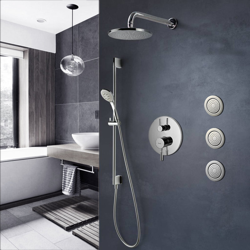 Bravat Chrome Wall Mount Round Shower Set with Mixer Valve and Body Spray Jets