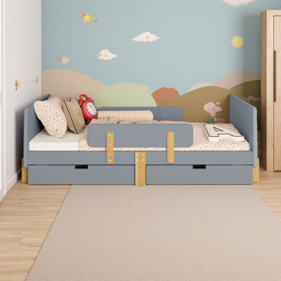 Platform Bed With Storage Drawers, Solid Wood Beds Frame With Bed Guardrail, Small Shelf, And Hooks, No Box Spring Needed by Harriet Bee