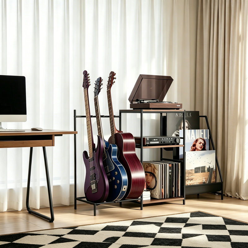 Multi-Guitar Stand and Record Player Stand with Storage Shelf, 3-in-1 Adjustable Guitar Rack for Acoustic Electric Guitars Bass, Vinyl Storage for Home Music Studio