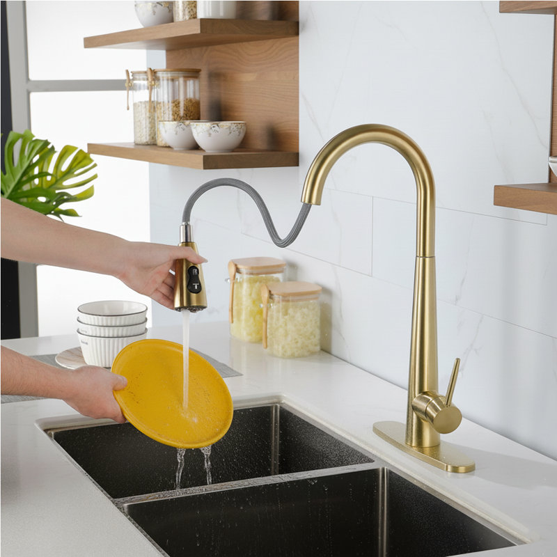 Pull Down Spray Kitchen Tap, Modern Gooseneck Kitchen Faucet, Gold Stainless Steel Kitchen Faucet with High Arc Kitchen Faucet Design