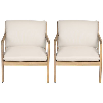 Ensemble de 2 fauteuils de jardin en bois, design contemporain avec coussins et dossier à lattes, coussins de conversation extérieurs résistants à l'eau, dossier à lattes, pieds fuselés, assemblage requis