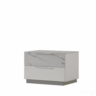 Table de chevet pour chambre à coucher Mist - Finition bicolore très brillante en marbre et laque avec deux tiroirs, doublée de velours