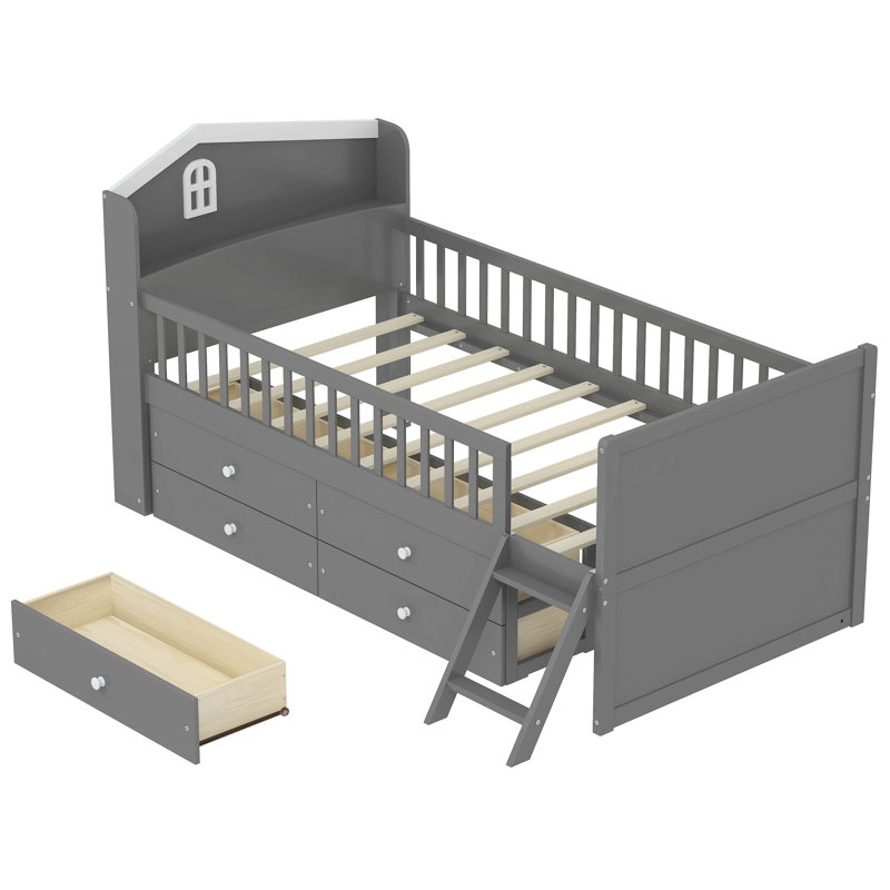 Twin Bed Frame With Storage 4 Drawers,Wooden Bed Frame For Kids,Platform Twin Size Bed With Guardrail Headboard And Ladder, No Box Spring Needed, Easy Assembly