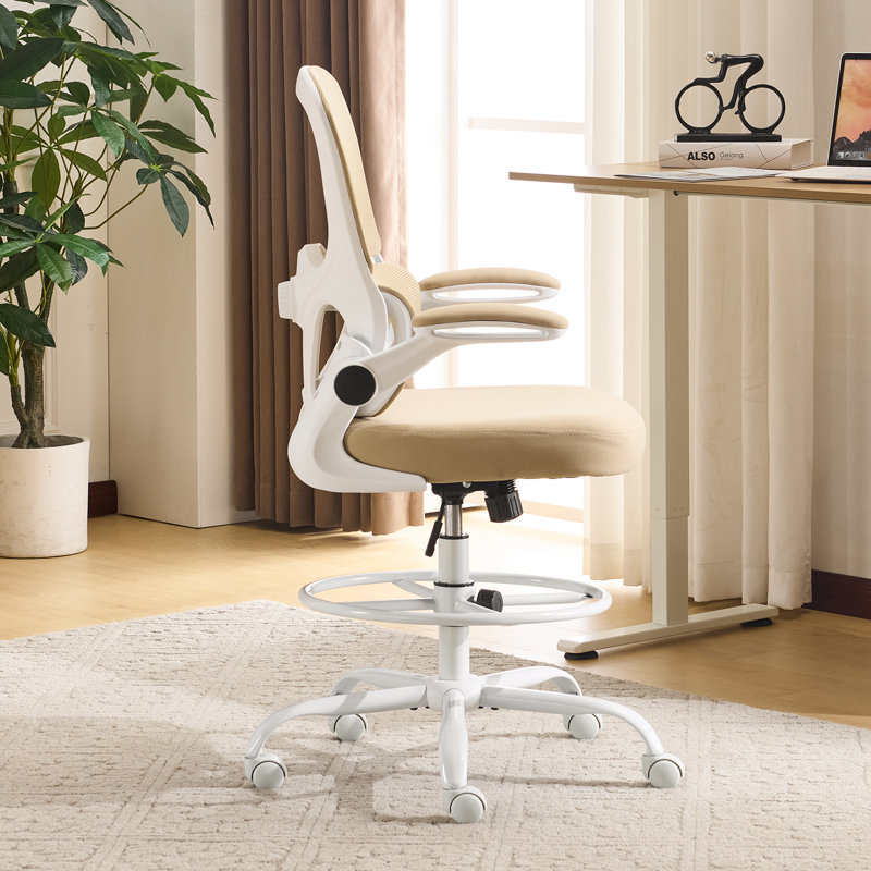 Inbox Zero Ergonomic Mesh Drafting Chair with Adjustable Footrest, Khaki, White