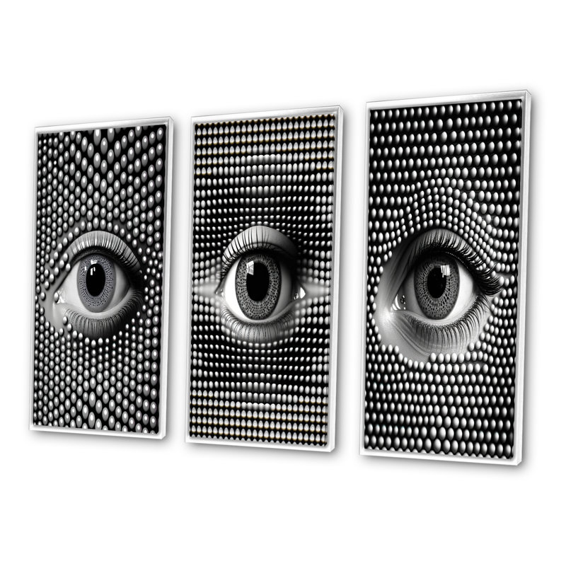 «Eye In Circular Infinity», 3 pièces sur toile, H 28 po x l 36 po, Blanc