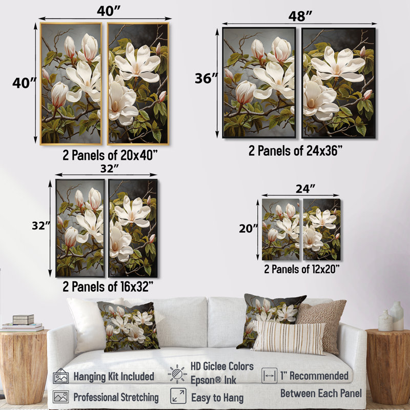 Art mural blanc blanc Magnolias Magnolia Serenity - Floral Magnolias, 32" H x 32" W, Black, Impression encadrée flottante
