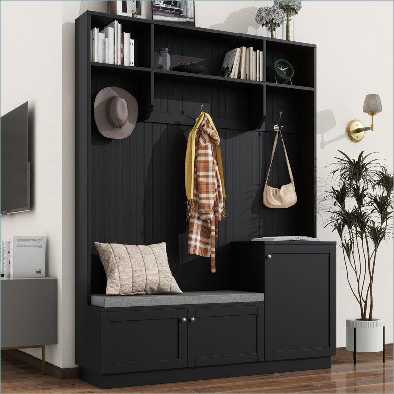 Modern White MDF Hall Tree with Bench Cushion, Storage Cabinets &amp; Hooks | White | MDF, White