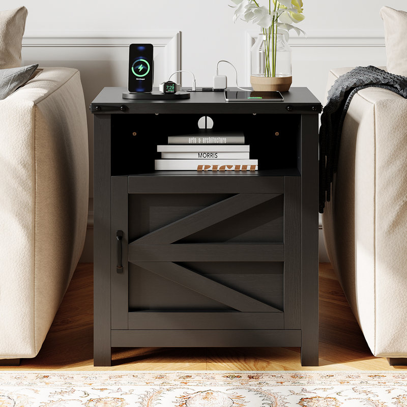 Black Farmhouse Nightstand with Barn Door and Shelf, Set of 2