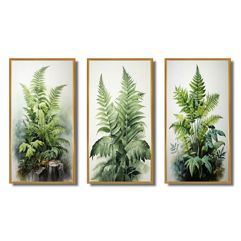 Minimalisme fougères verdoyantes - ensemble de 3 pièces sur toile, Encadrement doré, H 28 po x l 36 po