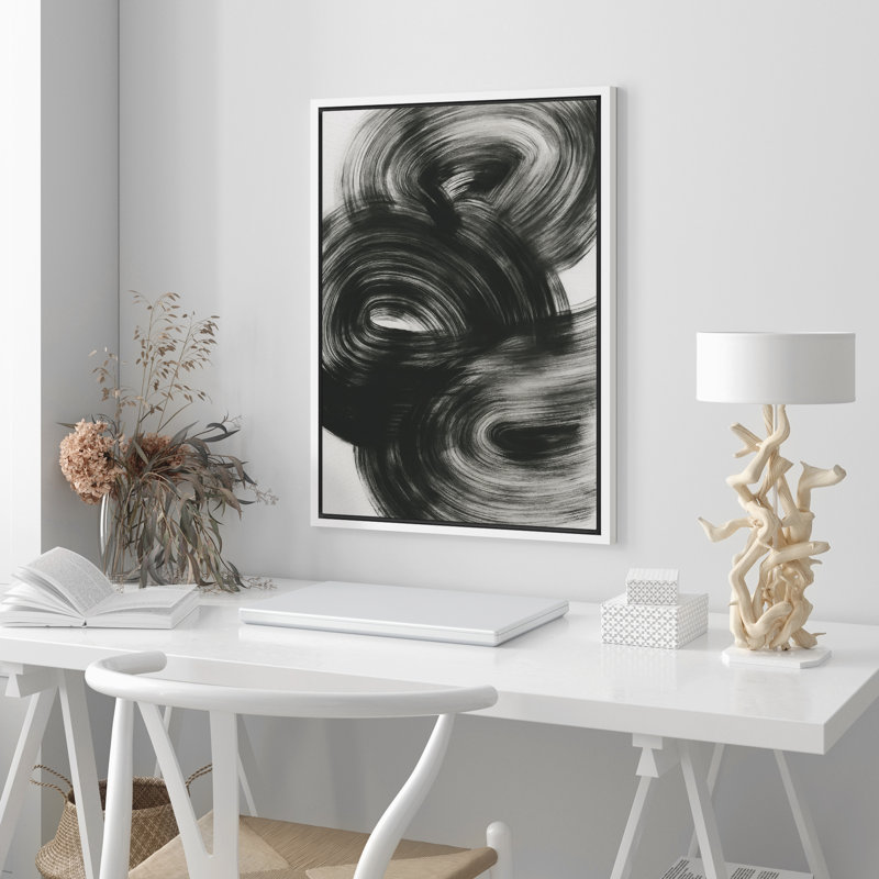 «Swirling Brushstroke», art mural abstrait encadré - Art moderne monochrome pour bureau ou studio - Décor expressionniste minimaliste audacieux