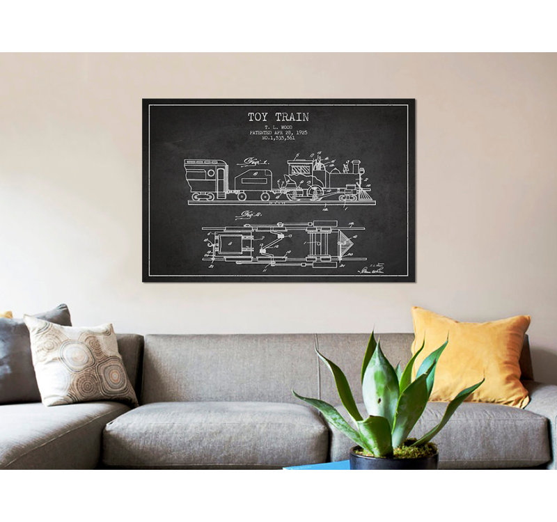T.L. «Wood Toy Train Brevet S Croquis» par Aged Pixel, reproduction d'art graphique sur toile tendue, Toile tendue