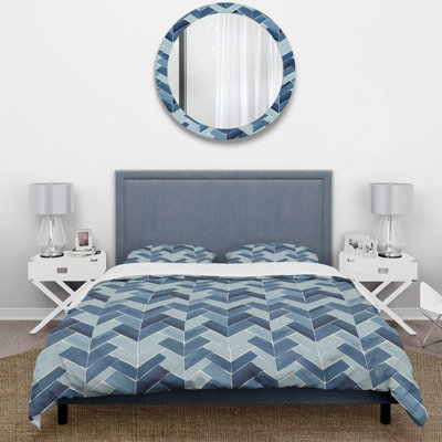 Navy Blue Midcentury Herringbone Print IV - Midcentury Duvet Cover Set