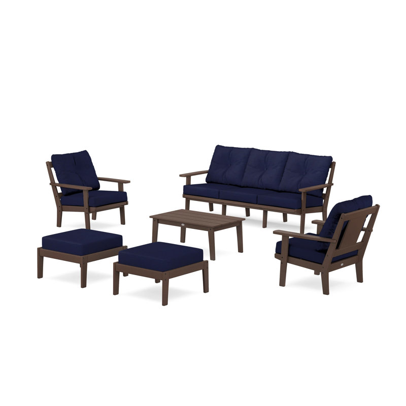 Prairie 6 Piece Sofa Seating Group with Cushions, Mahogany, Navy