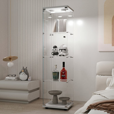 Vitrine en verre trempé, armoire à vin, armoire de rangement, classeur, avec lumière Paipai alimentée par batterie, pieds de plancher réglables, convient aux sols inégaux, peut être placé n'importe où, couleur: blanc