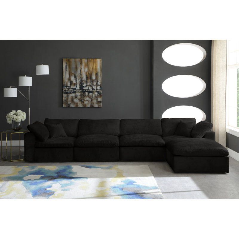 Cozy 158" Wide Velvet Modular Sofa & Chaise with Ottoman, Black Velvet