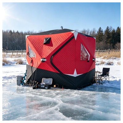 Abri de tente de pêche sur glace rouge portatif avec cadre en fibre de verre, centre de camping d'hiver isolé pour 2-3 personnes