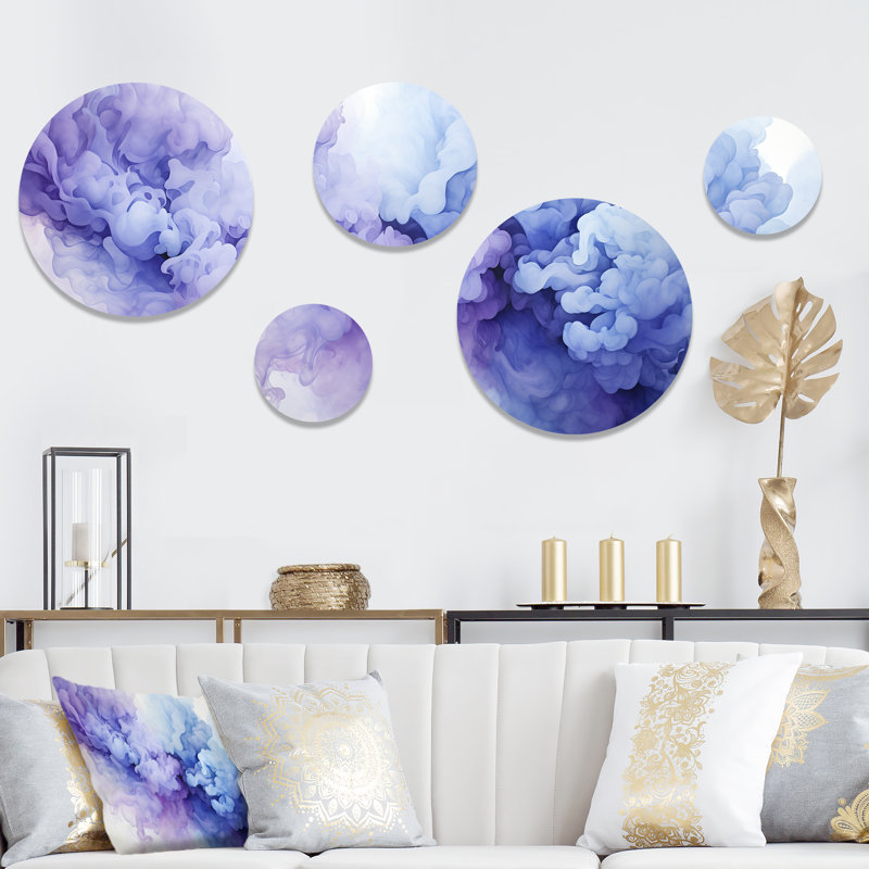 Bleu et mauve apaisant fumée sérénité - ensemble abstrait d'art mural rond de 5