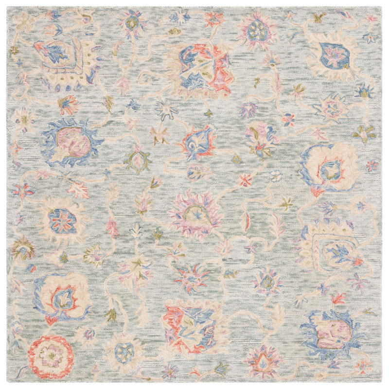 Ivory and Blue Hand-Tufted Wool Square Rug, 6' x 6'