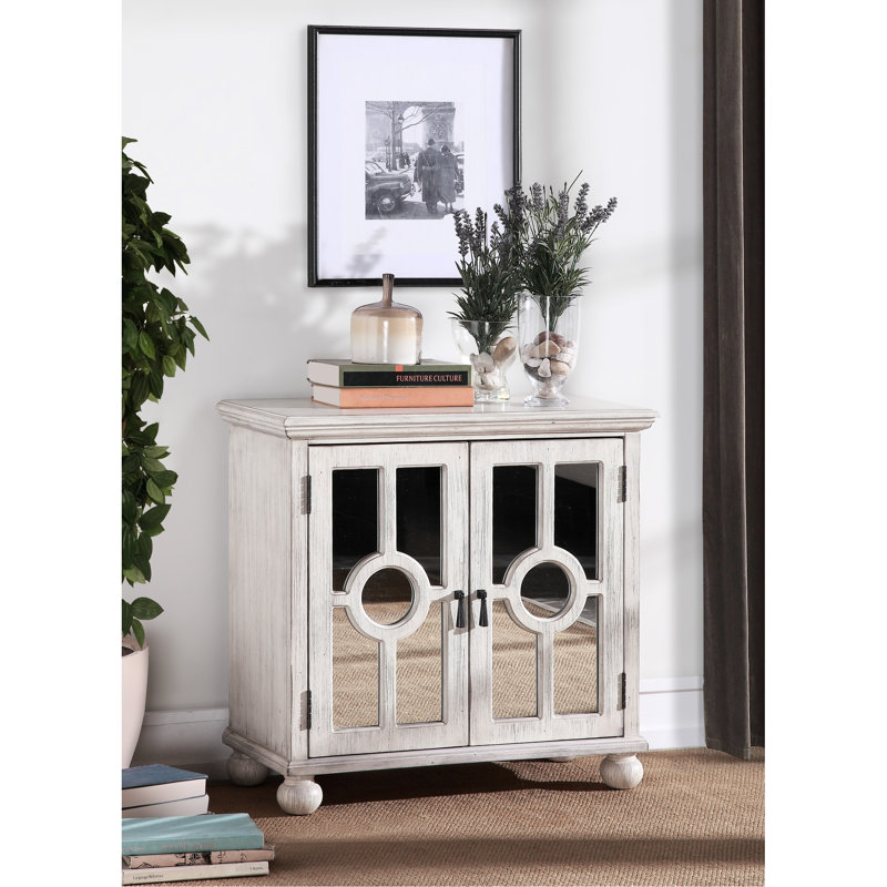 Modern Traditional Accent Chest In Antique White With Mirror Door Front Classic Finish And Decorative Pull Handles
