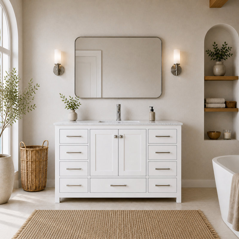 Ensemble de meuble-lavabo autoportant 48 po avec plateau Anvay, Blanc mat, Marbre blanc